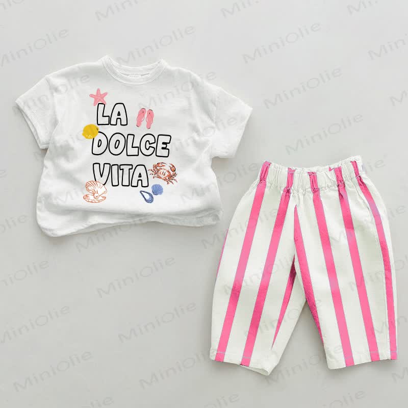 LA DOLCE VITA Baby , vertikal Streifen 2-teiliges Set - Weiß & Rosa - 2-3J - image 1