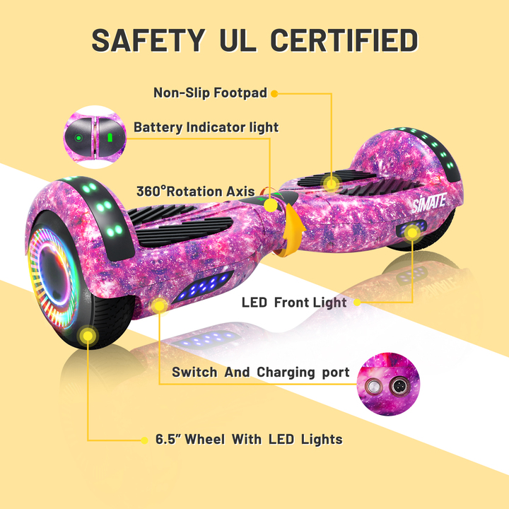 Lila Hoverboard für Kinder mit Bluetooth, Musiklautsprecher und Regenbogen-LED-Lichtern – 500 W, 12 km/h