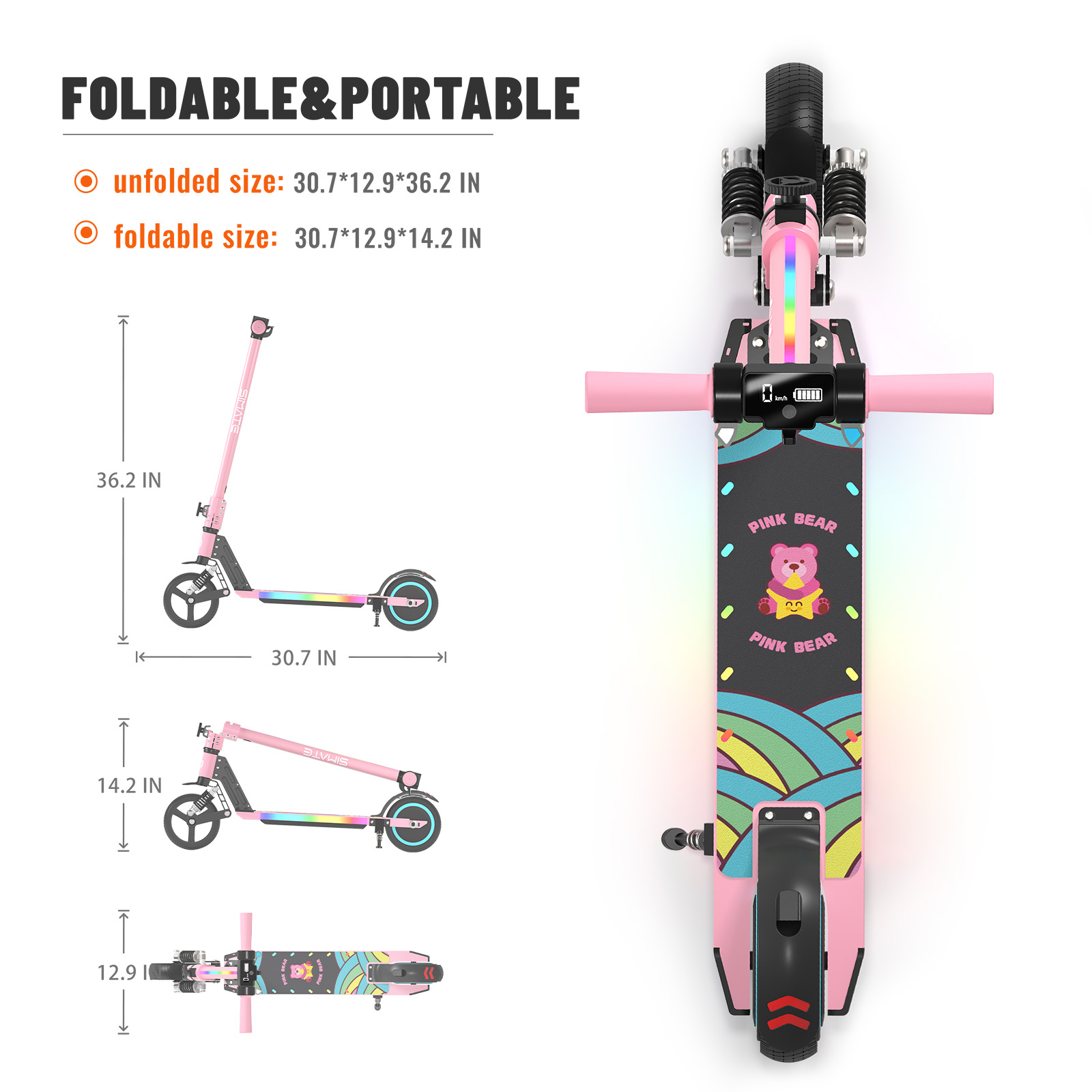 S5 Kids Electric Scooter, Foldable 6-12 Years Old Children Scooter with LED Display, Range 5-8km, Colorful LED Lights, Adjustable Height and Speed, Ideal Gift for Kids