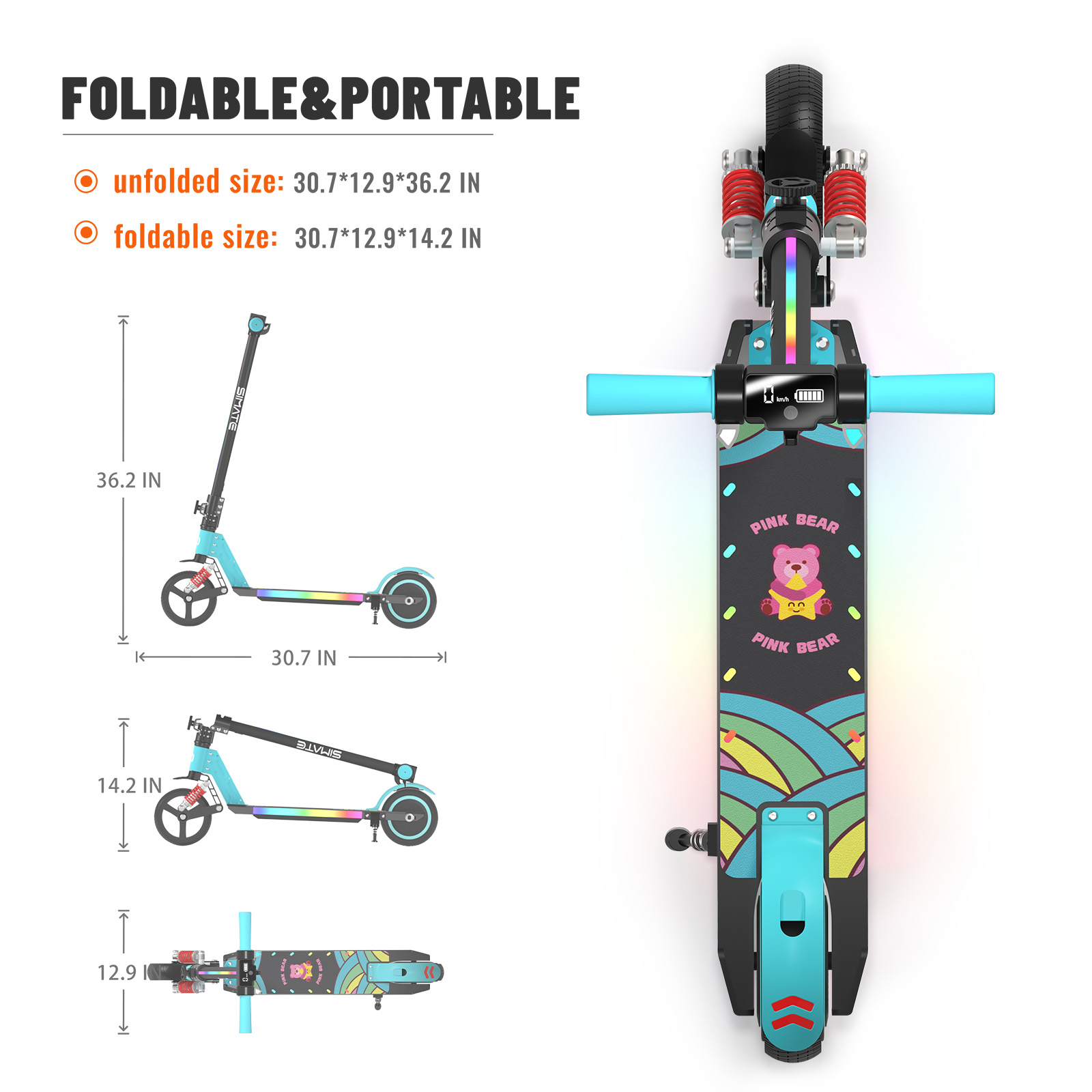 S5 Kids Electric Scooter, Foldable 6-12 Years Old Children Scooter with LED Display, Range 5-8km, Colorful LED Lights, Adjustable Height and Speed, Ideal Gift for Kids