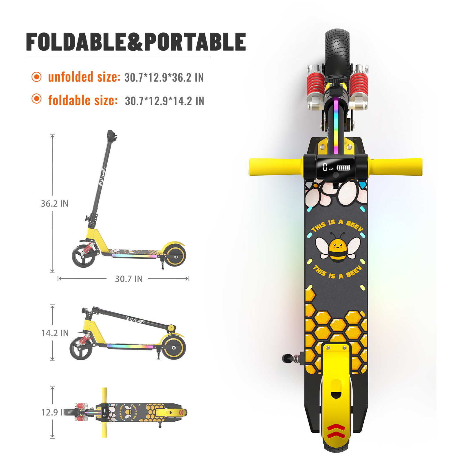 S5 Kids Electric Scooter, Foldable 6-12 Years Old Children Scooter with LED Display, Range 5-8km, Colorful LED Lights, Adjustable Height and Speed, Ideal Gift for Kids