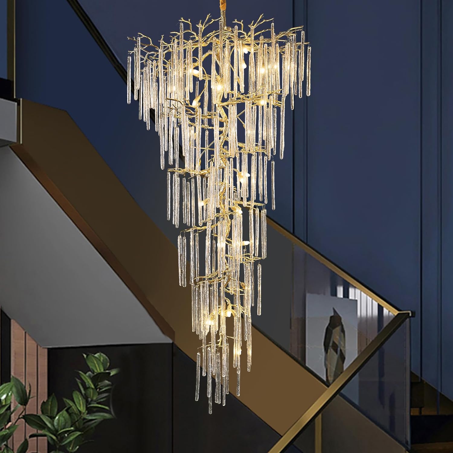 Ice Strip Modern Crystal Tree Branch Staircase Chandelier 95"
