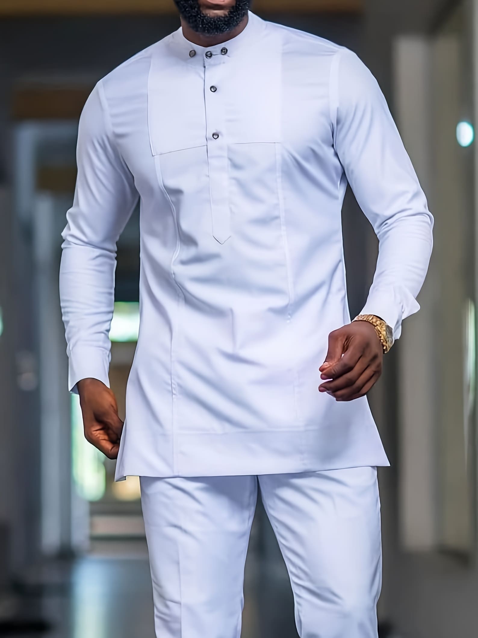 Africance Men's White Dashiki Set | 2-Piece Long Sleeve Top & Elastic Pants | Wedding & Streetwear Outfit 10077