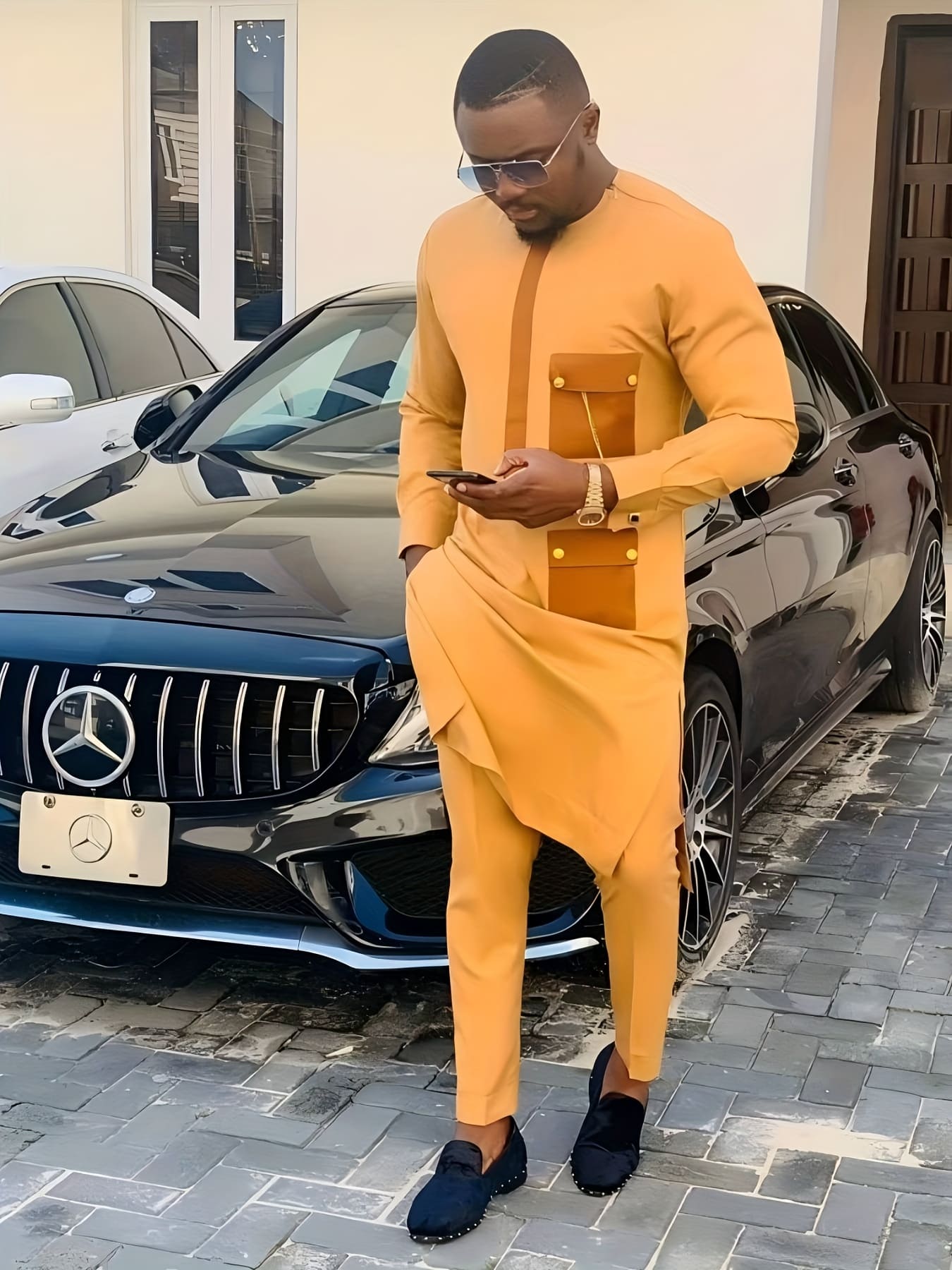 Africance Men's Dashiki Wedding Suit | Color Block Pattern 2-Piece Set | Formal African Ceremony Wear 10078