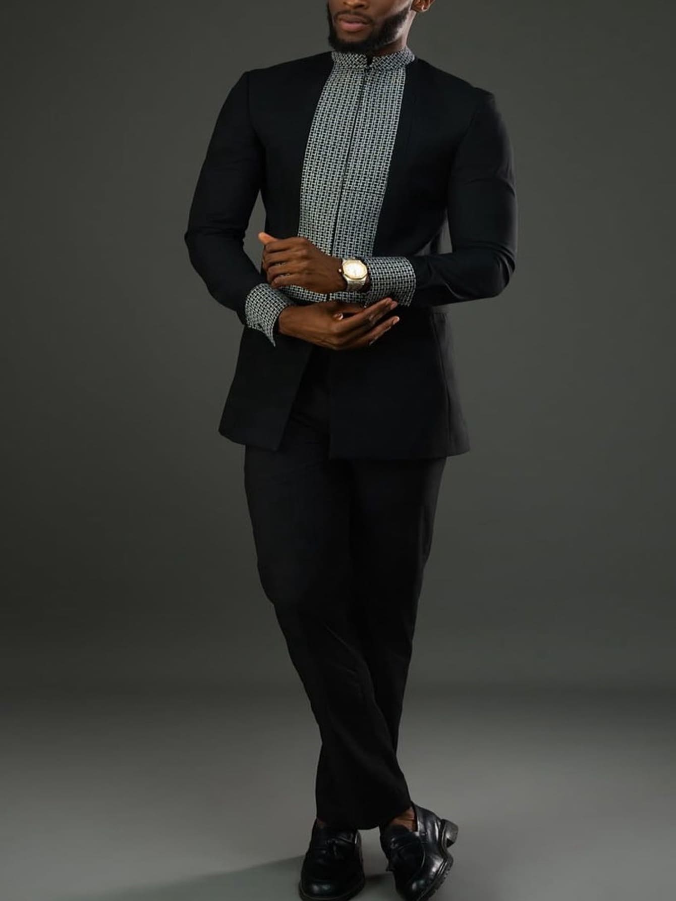 Africance Men's African Style 2-Piece Set | Plaid Patchwork Shirt & Casual Pants | Wedding & Party Outfit 10595-Africance