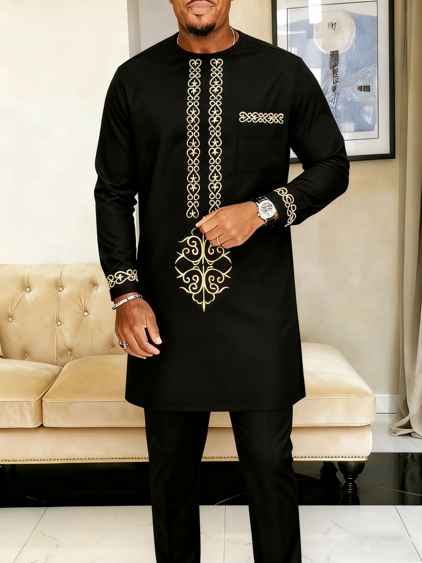 Africance Men's Kaftan Set | Embroidered Long-Sleeve 2-Piece Set | Luxury Festival & Formal Wear with Versatile Elegance 10081