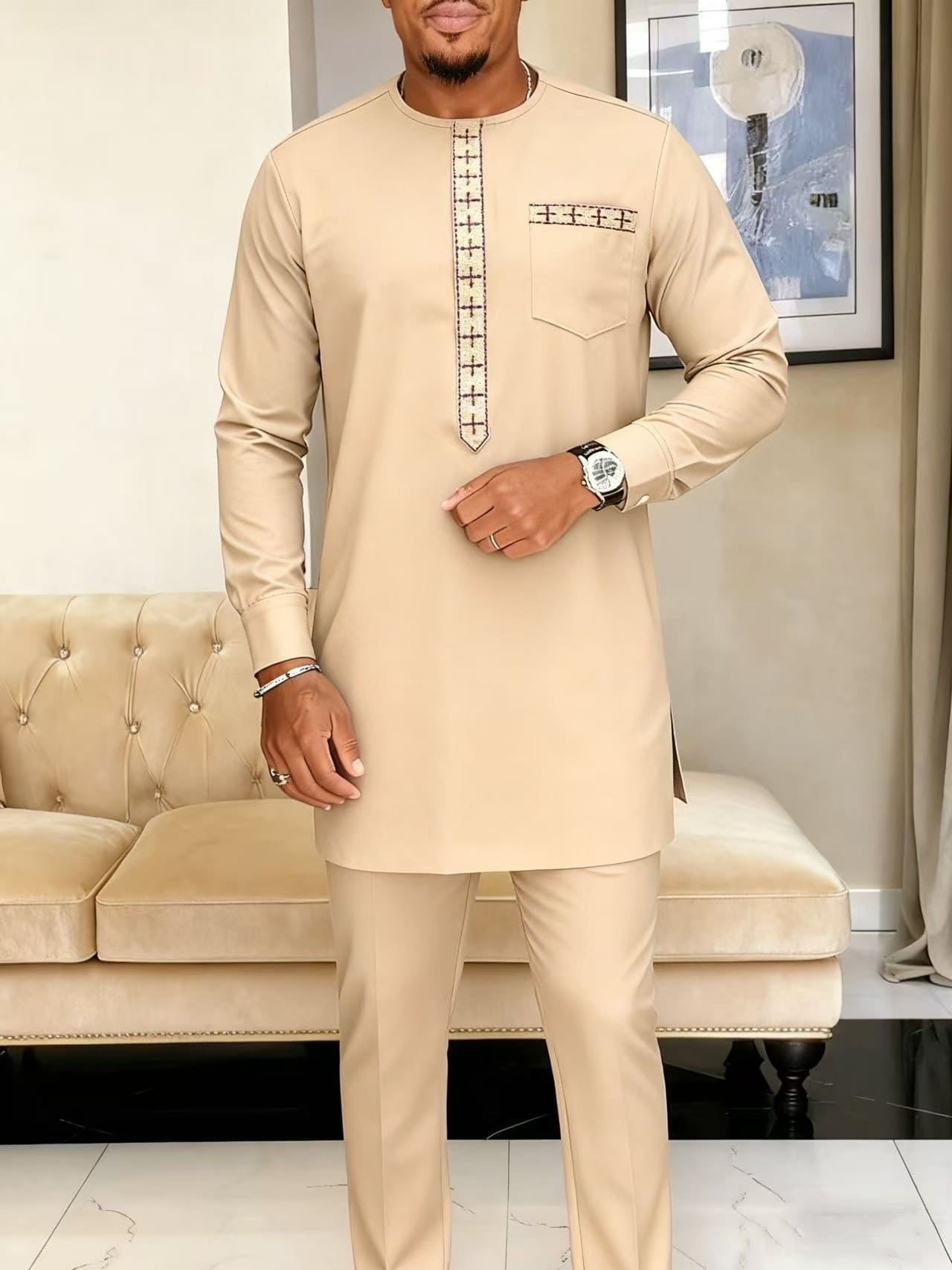 Africance Men's Kaftan Set | Embroidered Long-Sleeve 2-Piece Set | Luxury Festival & Formal Wear with Versatile Elegance 10081
