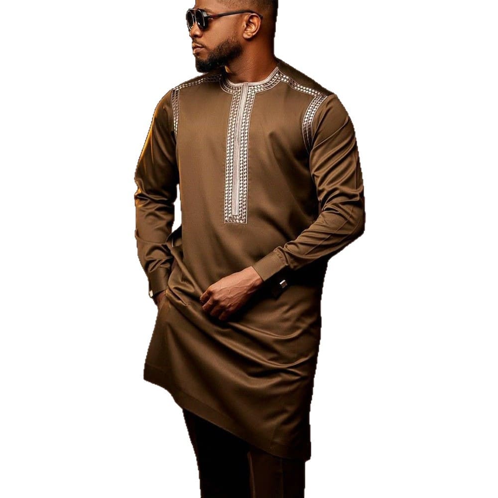 Africance Men's African Embroidered 2-Piece Set | Long-Sleeve Embroidered Shirt & Tailored Trousers | Wedding & Party Attire 10596-Africance