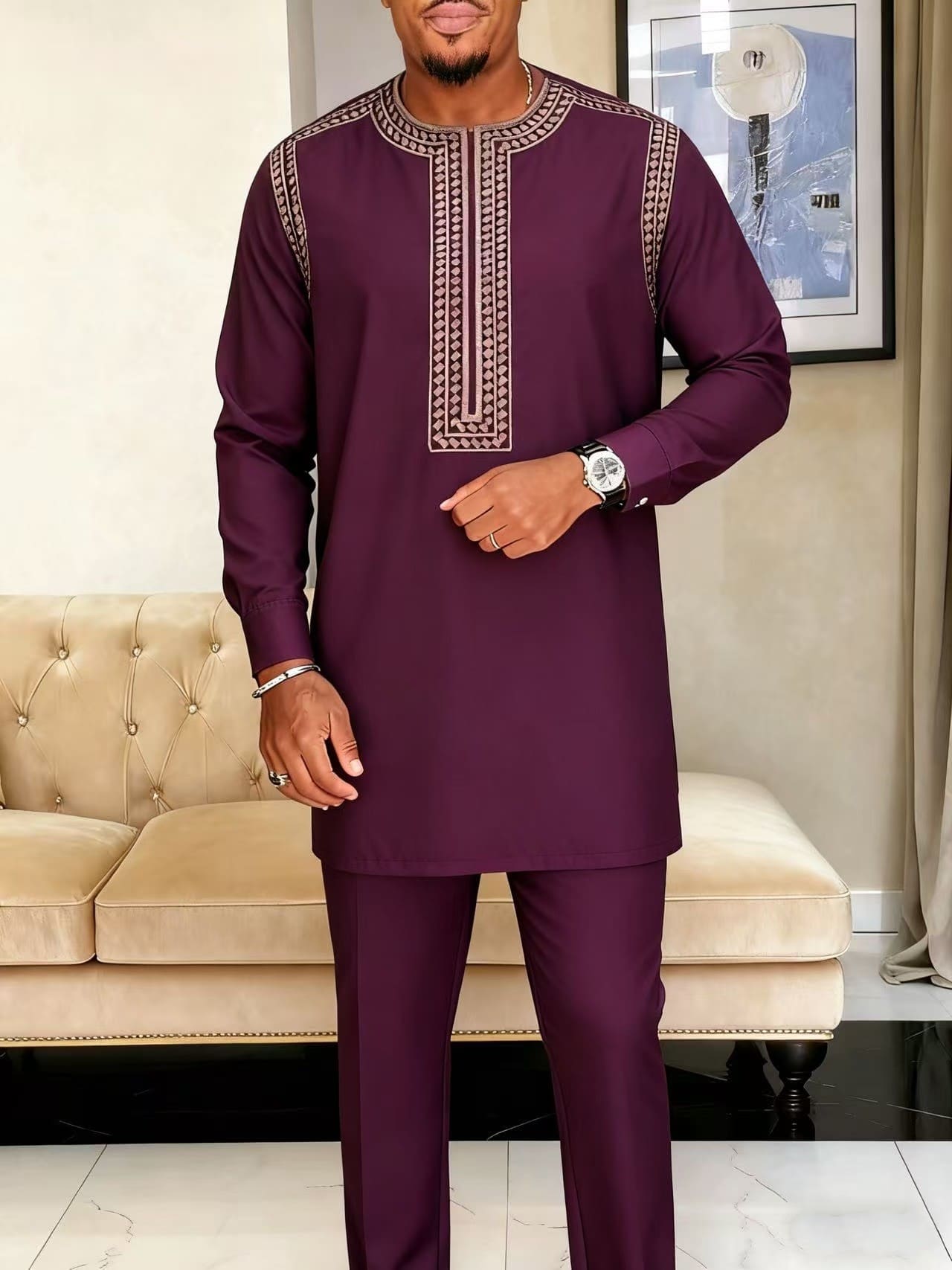 Africance Men's Kaftan Set | Embroidered Long-Sleeve 2-Piece Set | Luxury Festival & Formal Wear with Versatile Elegance 10081
