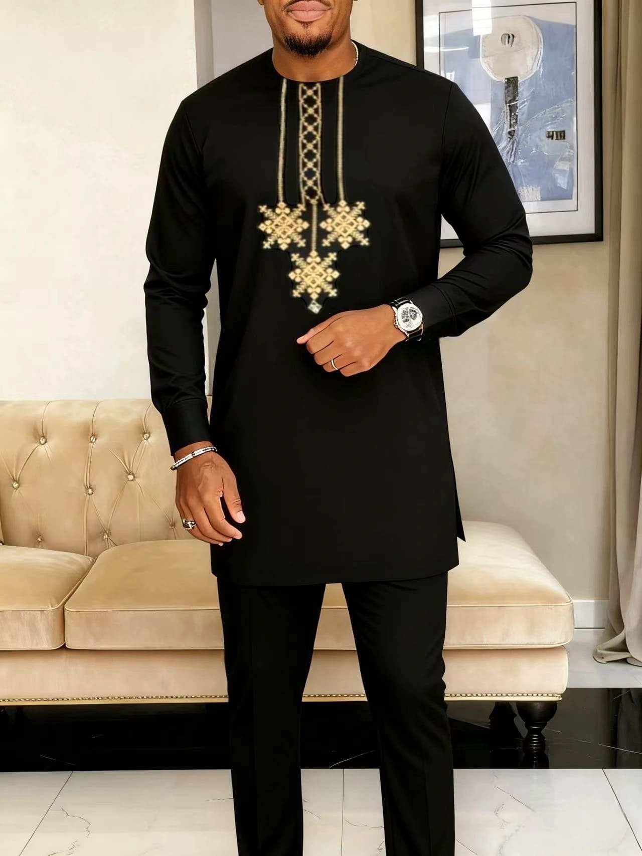 Africance Men's Kaftan Set | Embroidered Long-Sleeve 2-Piece Set | Luxury Festival & Formal Wear with Versatile Elegance 10081