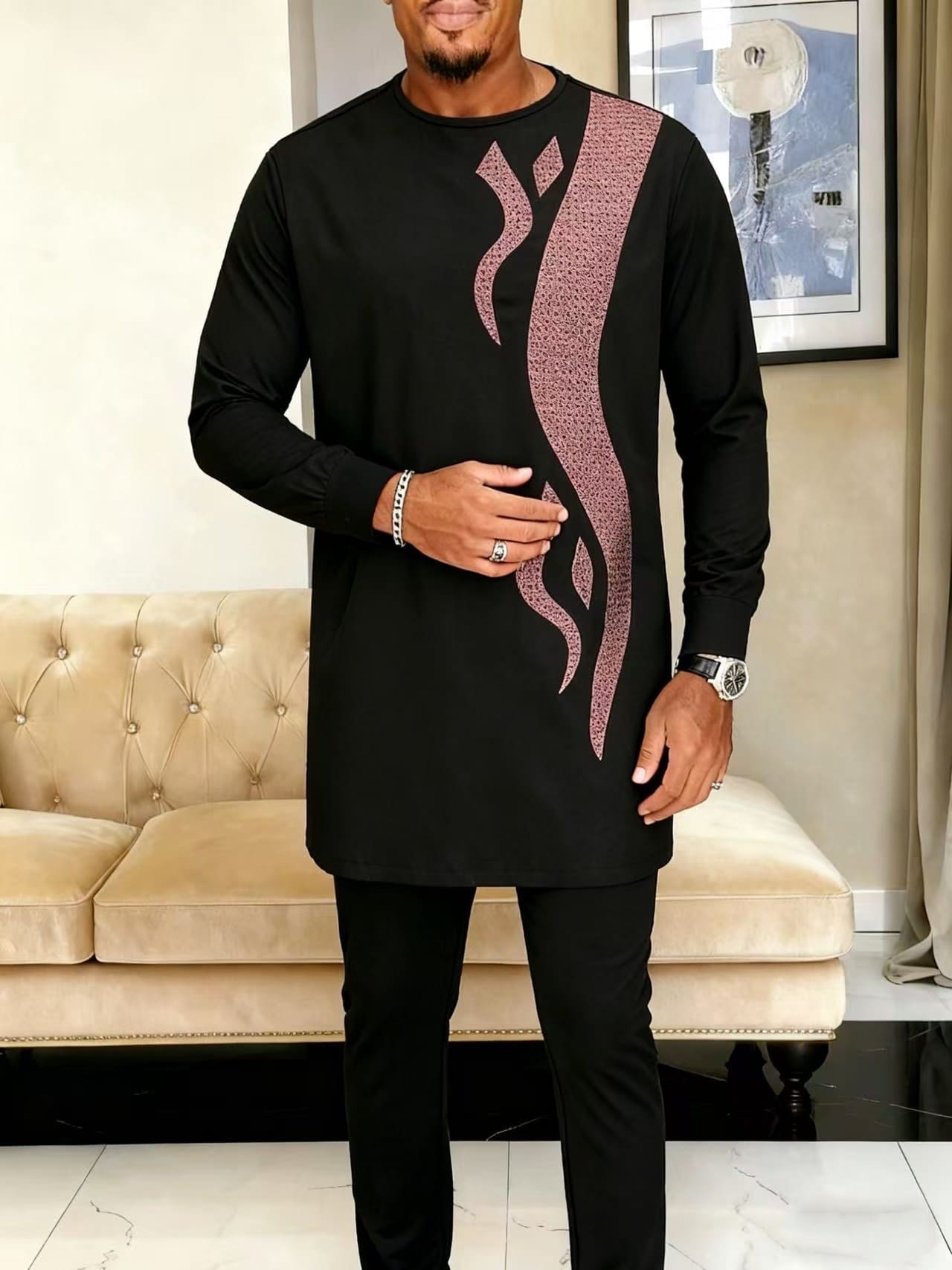 Africance Men's Kaftan Set | Embroidered Long-Sleeve 2-Piece Set | Luxury Festival & Formal Wear with Versatile Elegance 10081