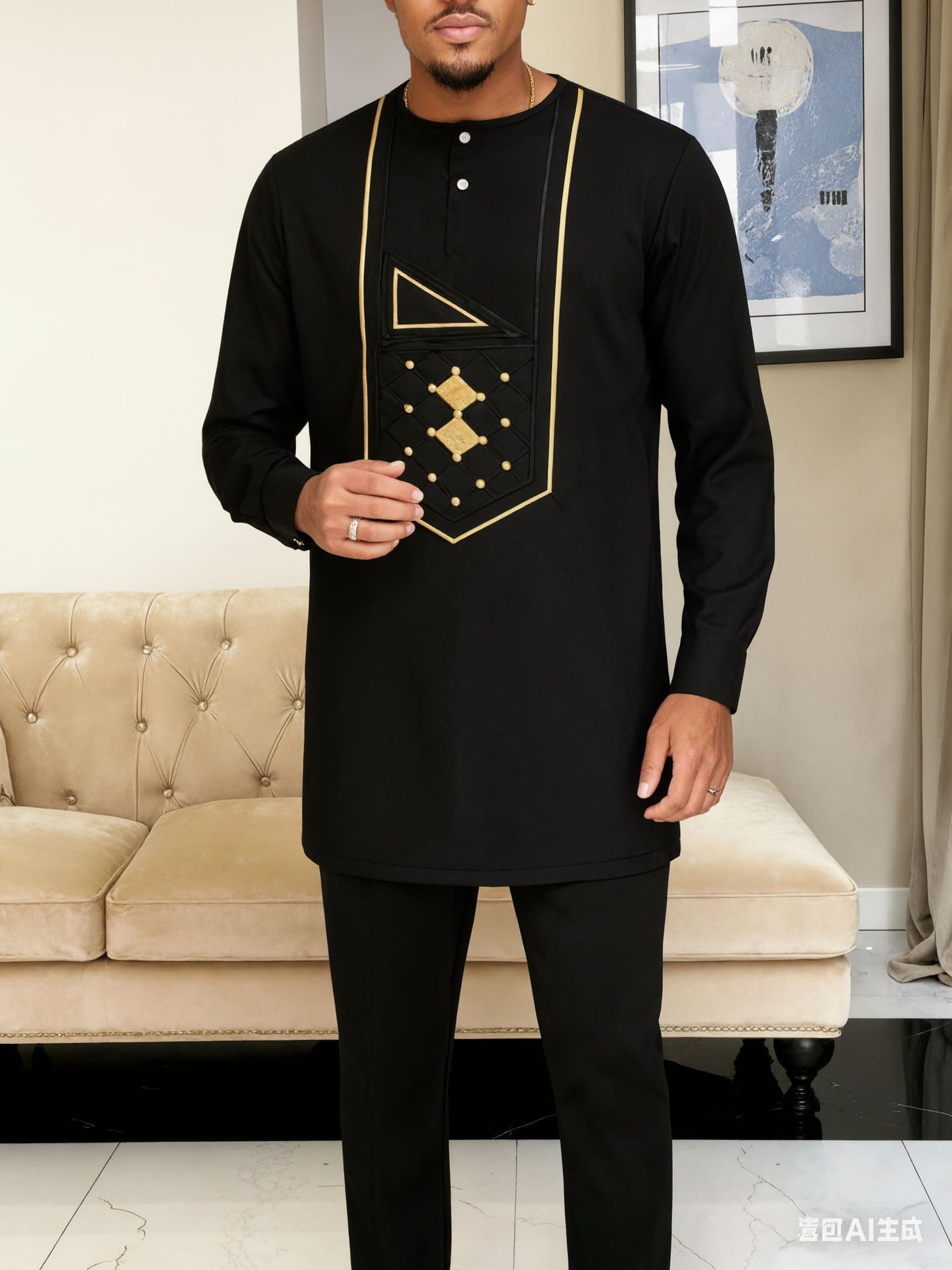 Africance Men's Kaftan Set | Embroidered Long-Sleeve 2-Piece Set | Luxury Festival & Formal Wear with Versatile Elegance 10081