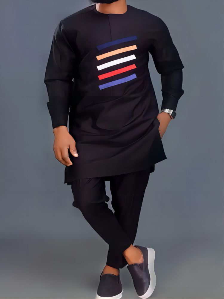2023 New Stock Casual Ordinary Muslim Style Long Sleeve Black Cotton Spring Autumn African Ethnic Style Set