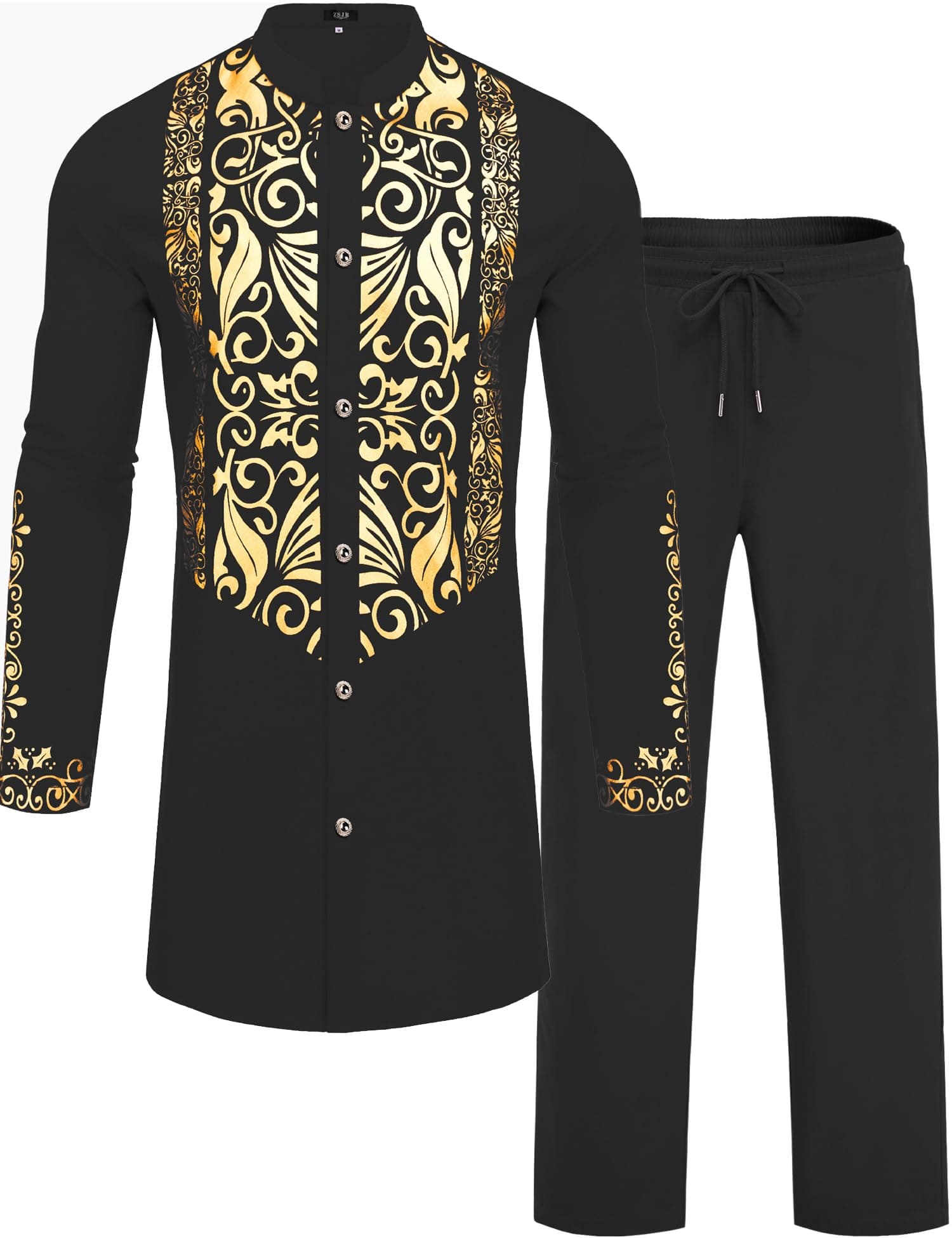 Africance Men's Metallic Dashiki Set | Black Stamp Printed African 2-Piece Suit | Wedding & Festival Attire 10077