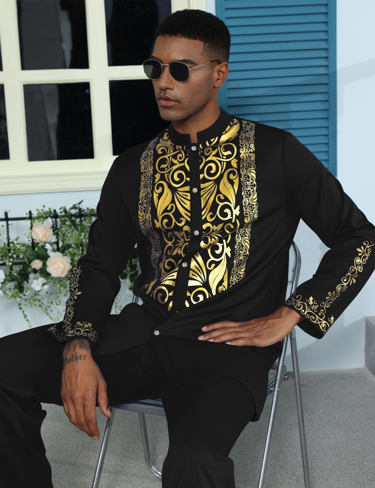 Africance Men's Metallic Dashiki Set | Black Stamp Printed African 2-Piece Suit | Wedding & Festival Attire 10077