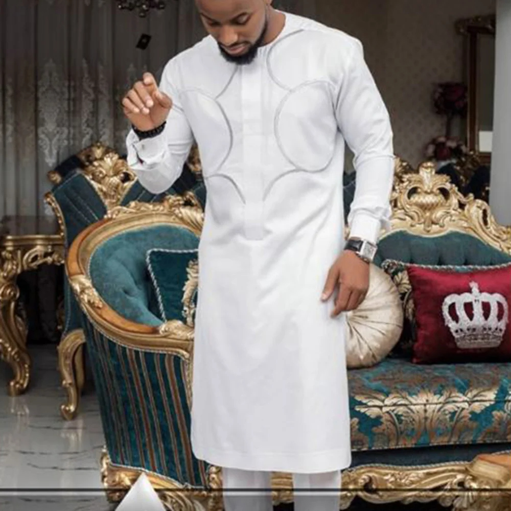 Brand New 2 Piece Long Sleeve T-shirt Pant Sets Embroidered Kaftan Luxury Men Suits Ethnic Element Dashiki Men Wedding