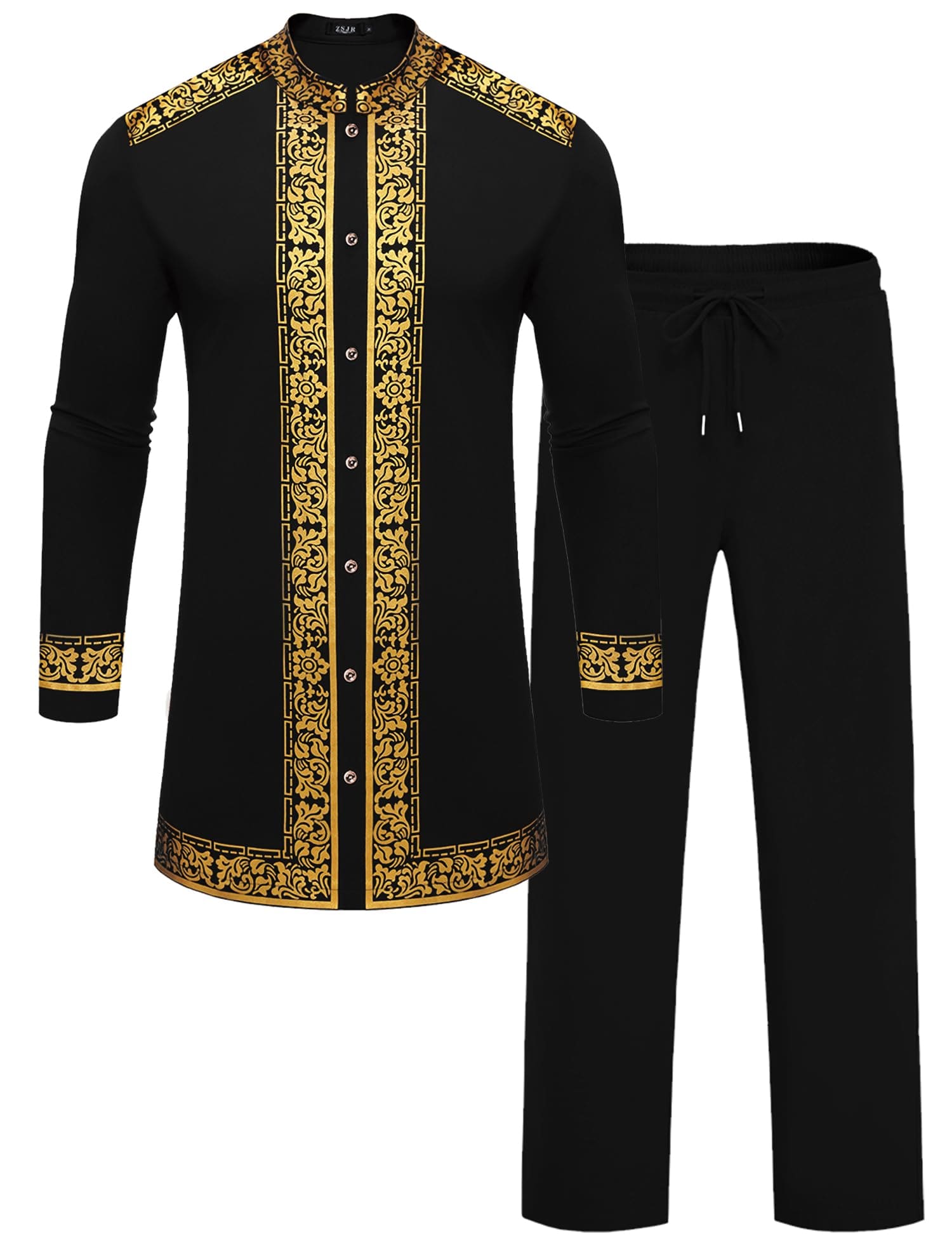 Africance Men's Metallic Dashiki Set | Gold Stamped Nigerian 2-Piece Suit | Wedding & Special Event Attire
