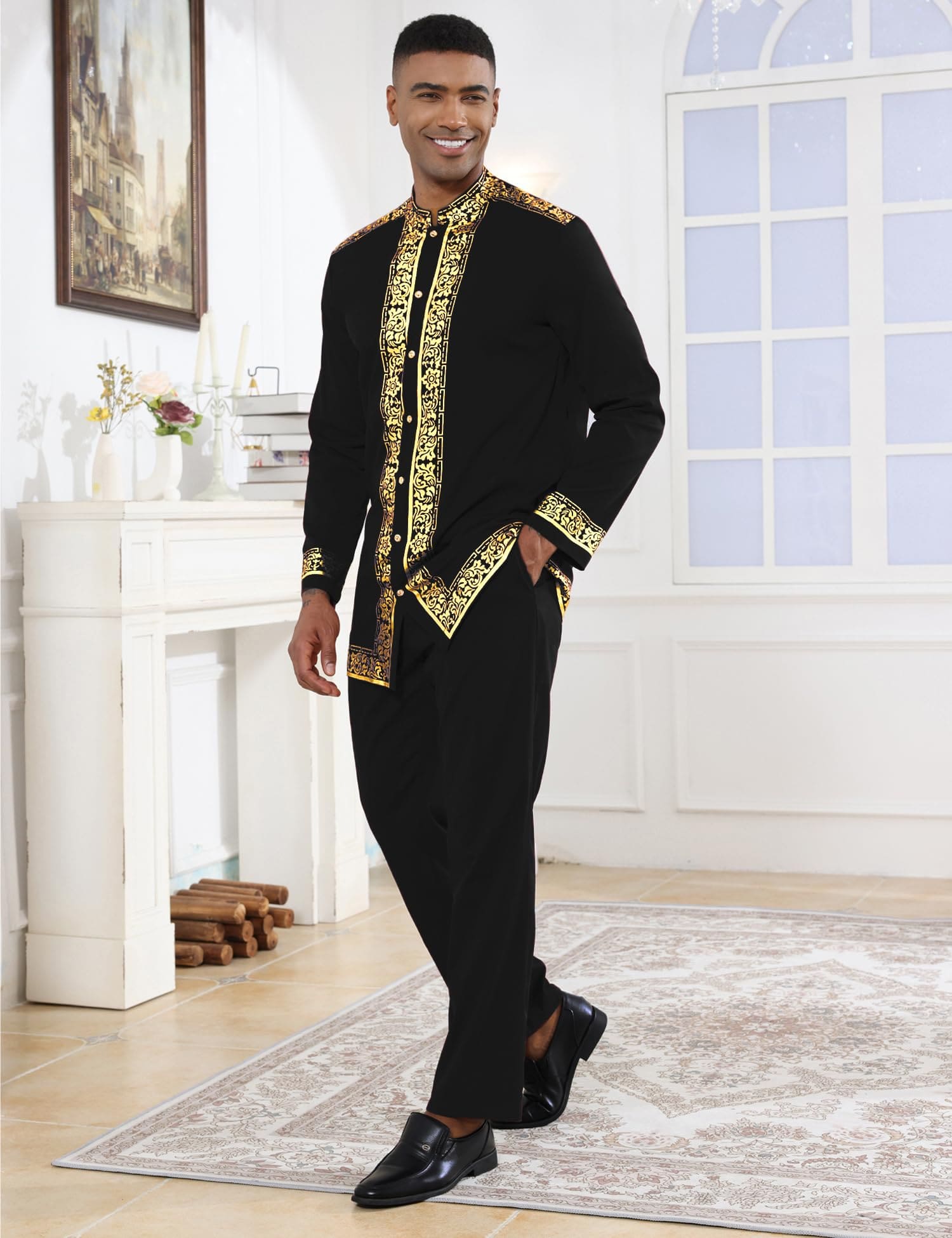 Africance Men's Metallic Dashiki Set | Gold Stamped Nigerian 2-Piece Suit | Wedding & Special Event Attire