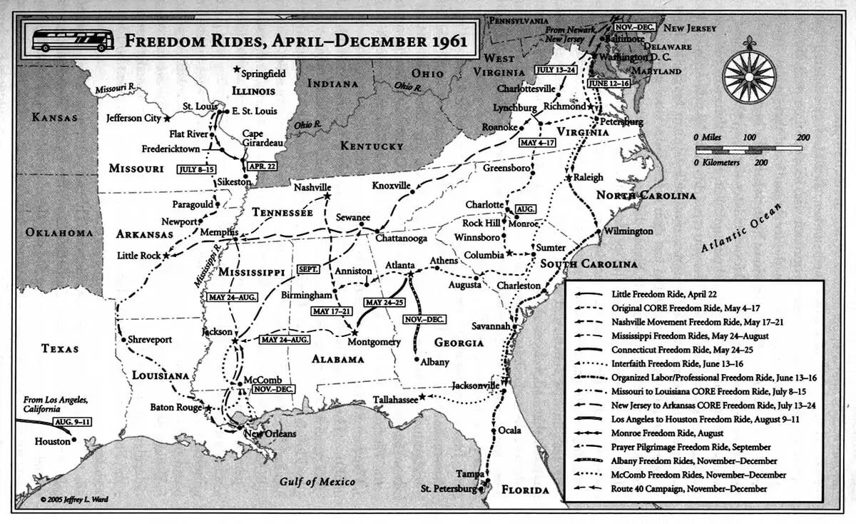 Map of the Freedom Rides of 1961 bus routes to the Deep South.