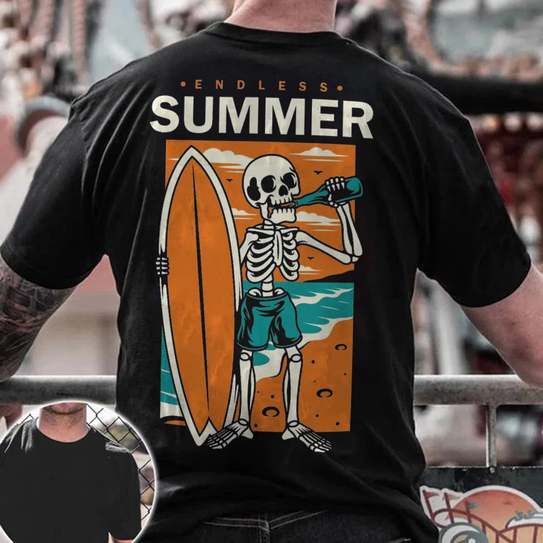 Vacation Casual Skeleton Surfer On Beach Men's Short Sleeve  Printed T-shirt-