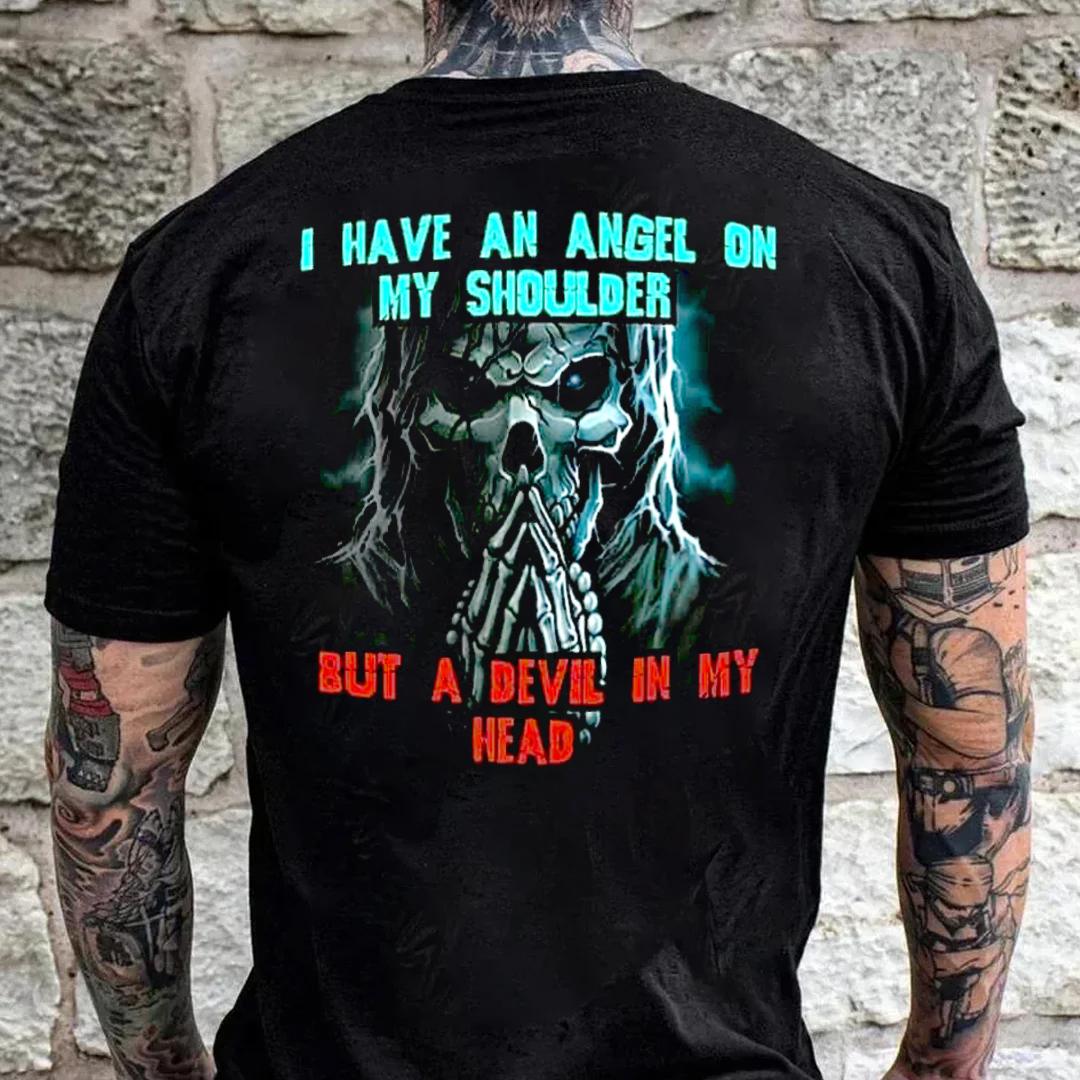I Have An Angel On My Shoulder But A Devil In My Head Men's Short Sleeve  Printed T-shirt-