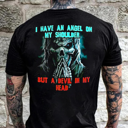 I Have An Angel On My Shoulder But A Devil In My Head Men's Short Sleeve  Printed T-shirt-