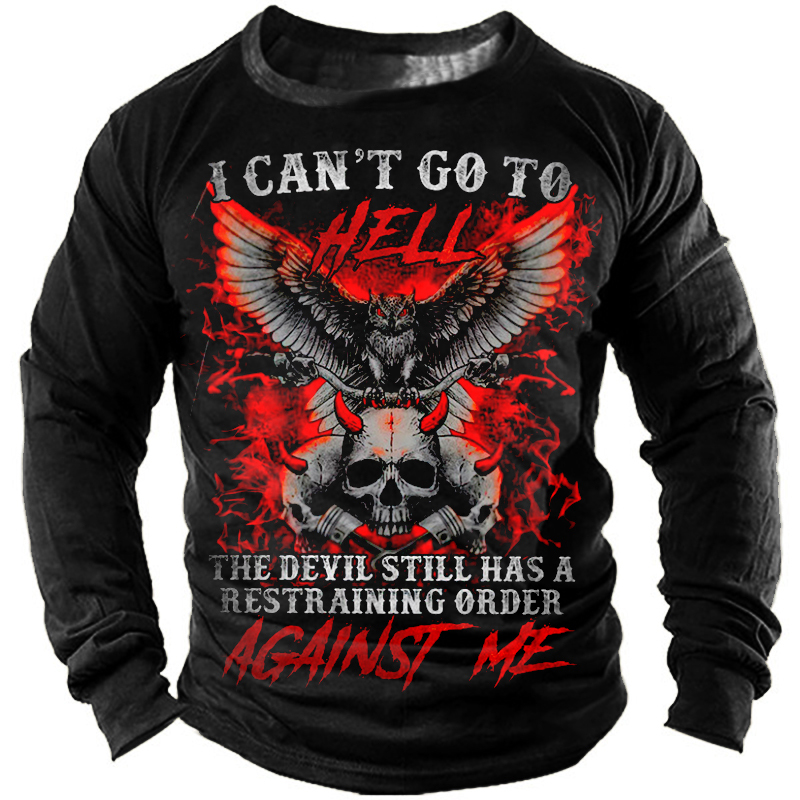 I Can't Go Hell Biker Skull Print Men's Retro Outdoor Tactical T-shirt