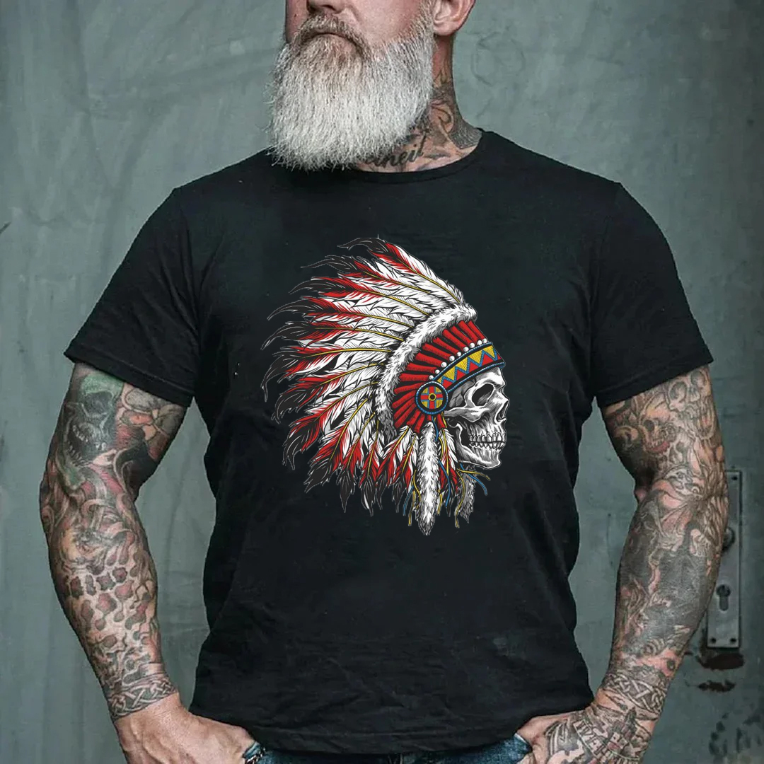 Native American Indian Tribal Gothic Skull Men's Short Sleeve  Printed T-shirt-