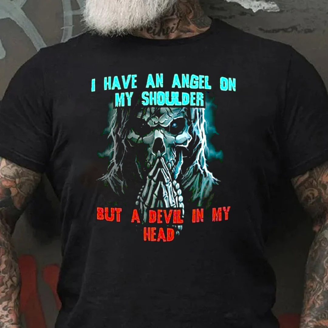 I Have An Angel On My Shoulder But A Devil In My Head Men's Short Sleeve  Printed T-shirt-