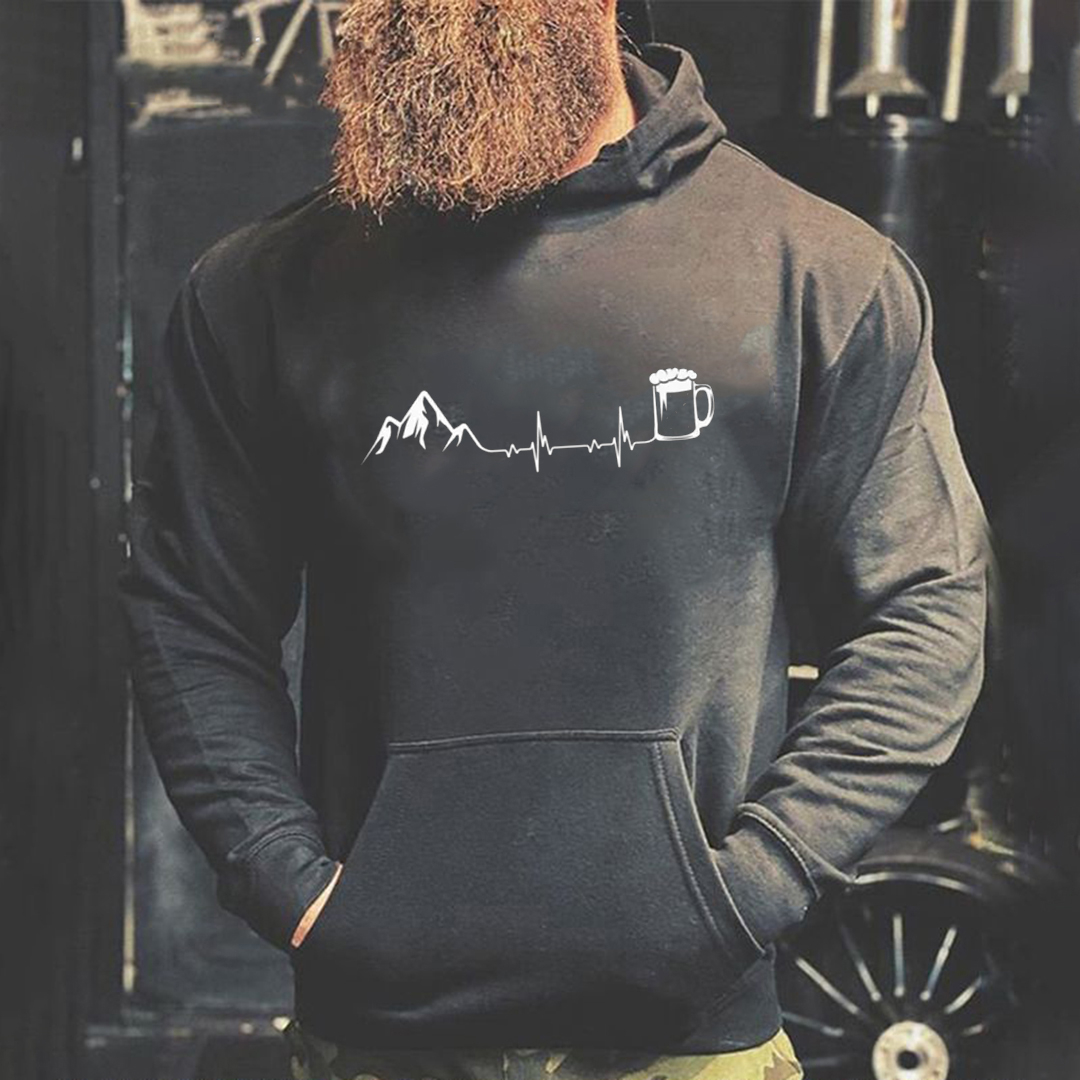 Heartbeat Mountains and Bee Printed Men's Long Sleeve Hoodies