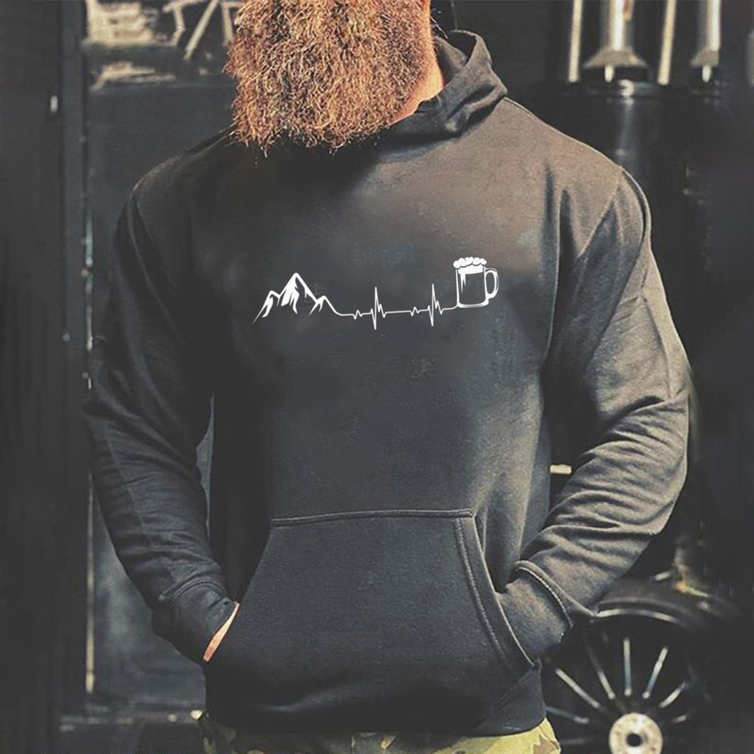 Heartbeat Mountains and Bee Printed Men's Long Sleeve Hoodies