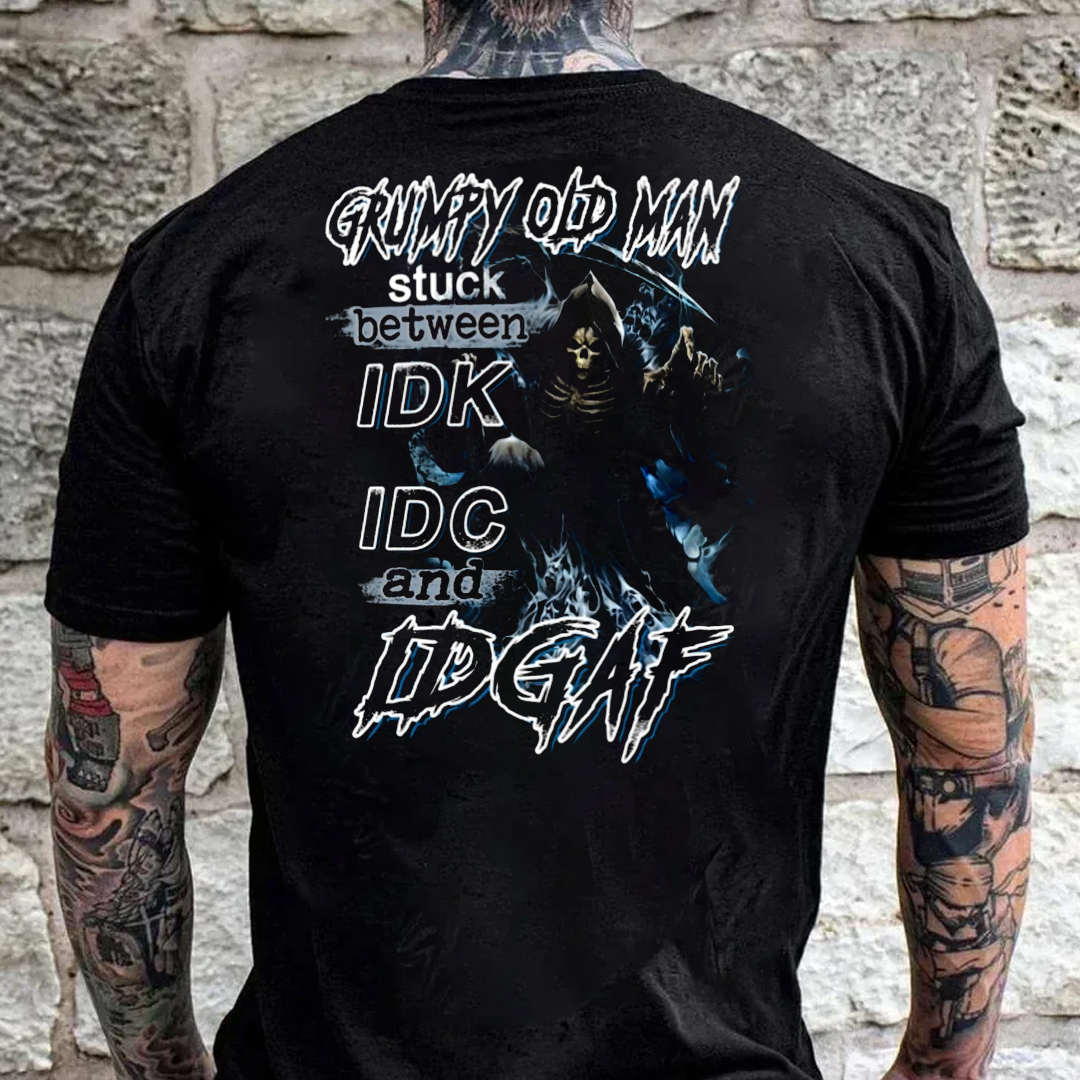 Grumpy old man stuck between idk idc and idgaf Men's Short Sleeve Prin