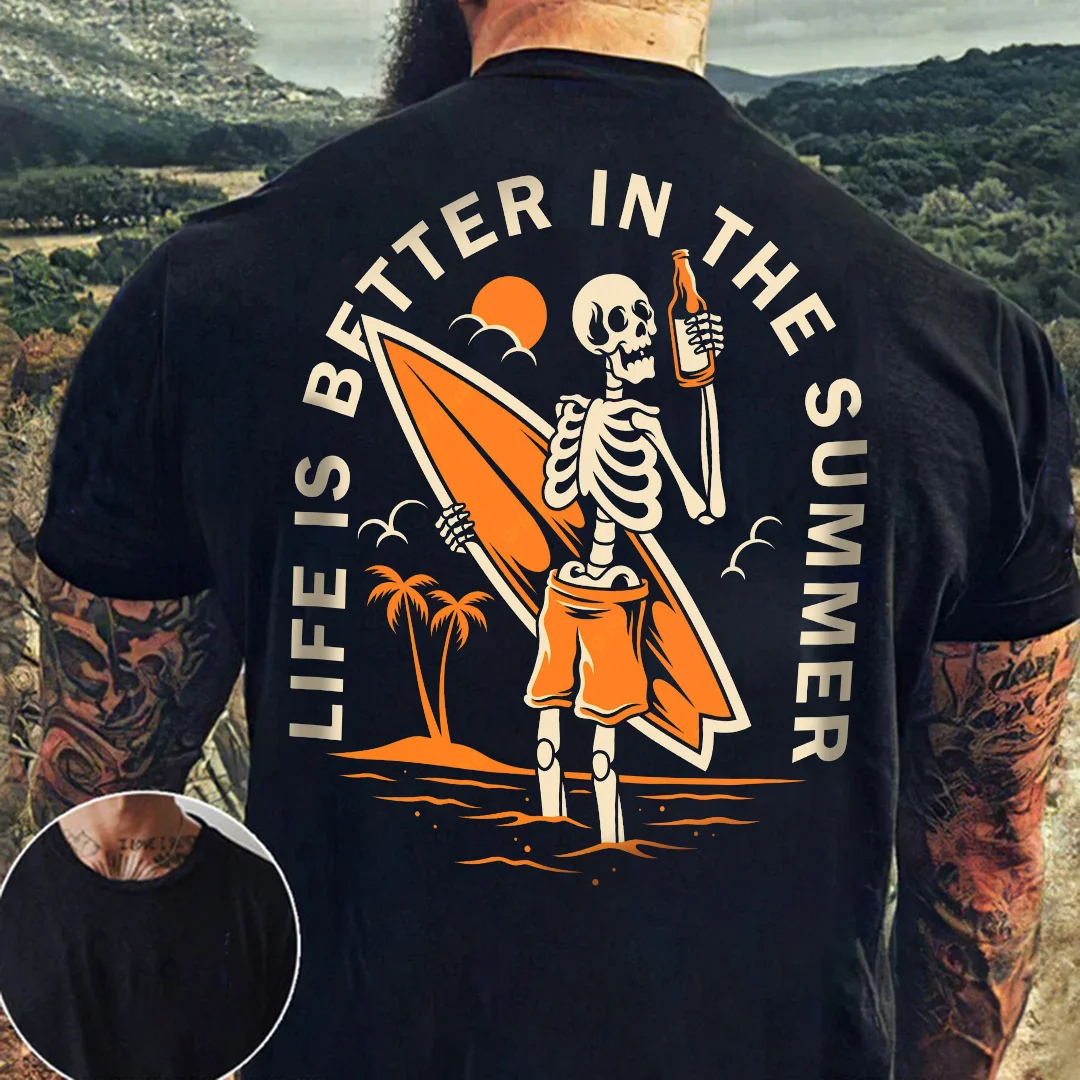 Life Is Better In Summer Surf  Vacation Casual Beach Men's Short Sleeve  Printed T-shirt-