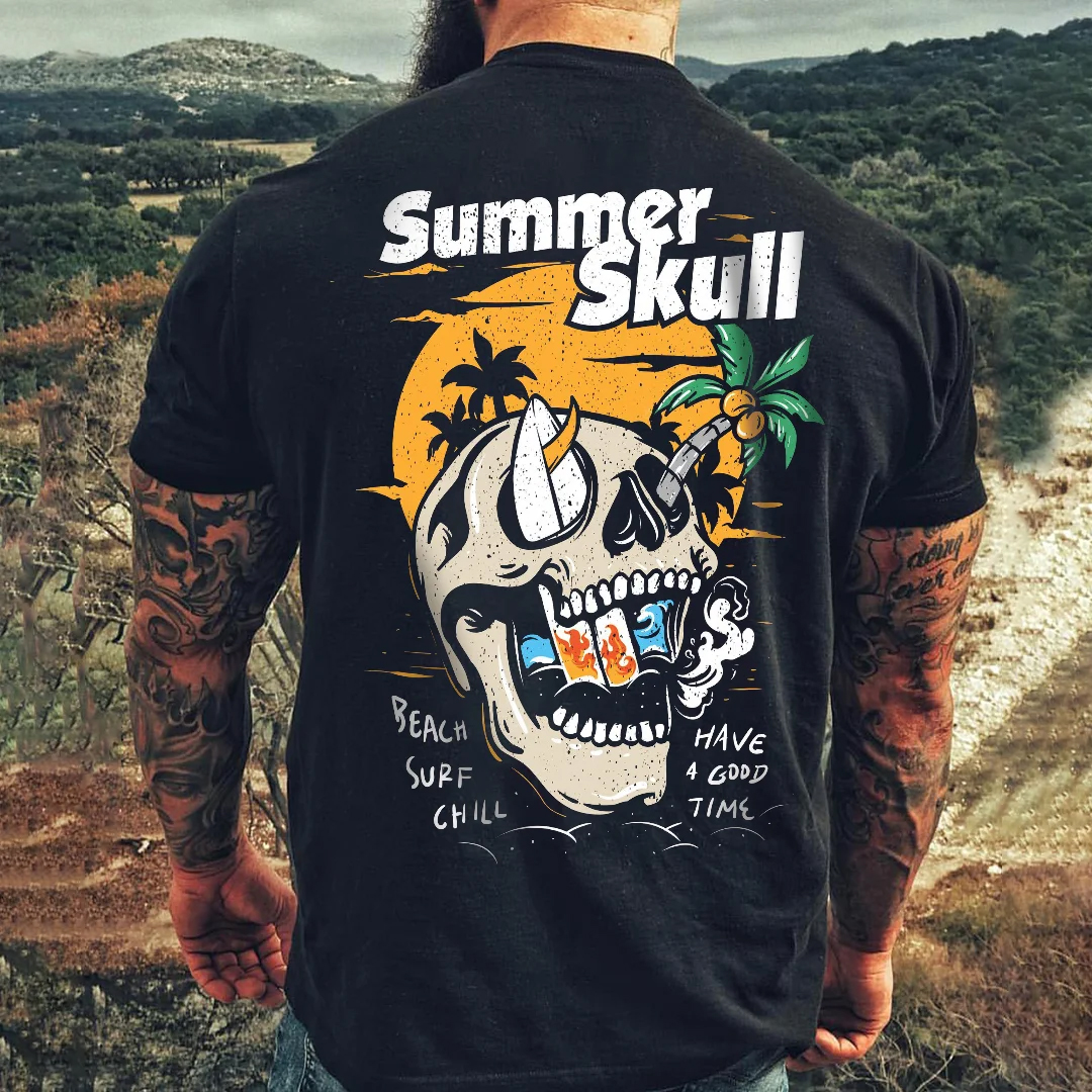 Summer Skull Surf Vacation Casual Beach Men's Short Sleeve  Printed T-shirt-