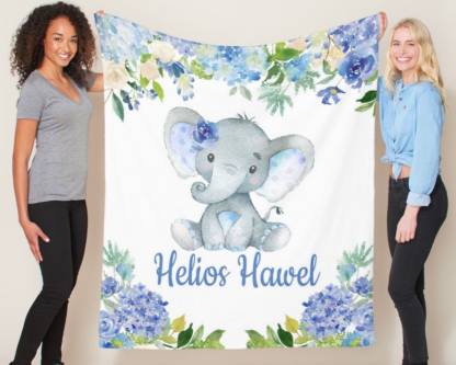 Elephants Baby Blanket Watercolor Blue Floral Hydrangea Newborn Baby Name Blanket