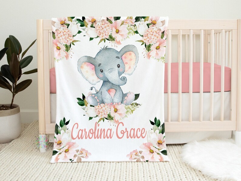 Pink Floral Elephant Baby  Blanket, Blush Pink  Watercolor Flowers Baby  Blanket Baby Shower Gift Nursery
