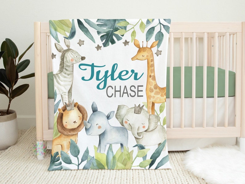 Safari Animals Blanket, Personalized Baby Jungle Greenery Leaves Zoo Nursery Name Blanket