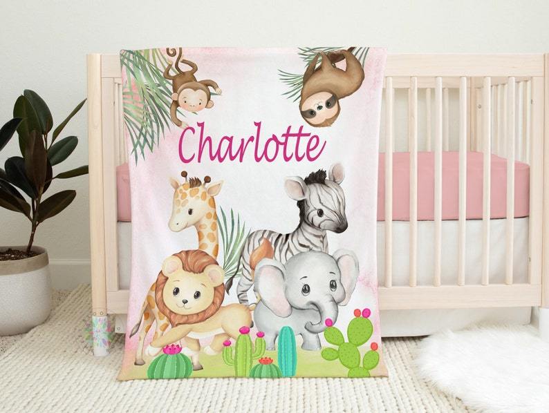 Safari Animals Baby Girl Name Blanket