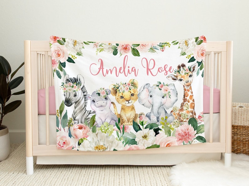Animals Baby  Blanket, Safari Floral Blush Pink Flowers Jungle Personalized Name Custom Nursery Decor Newborn Baby Shower Gift