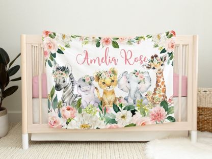Animals Baby  Blanket, Safari Floral Blush Pink Flowers Jungle Personalized Name Custom Nursery Decor Newborn Baby Shower Gift