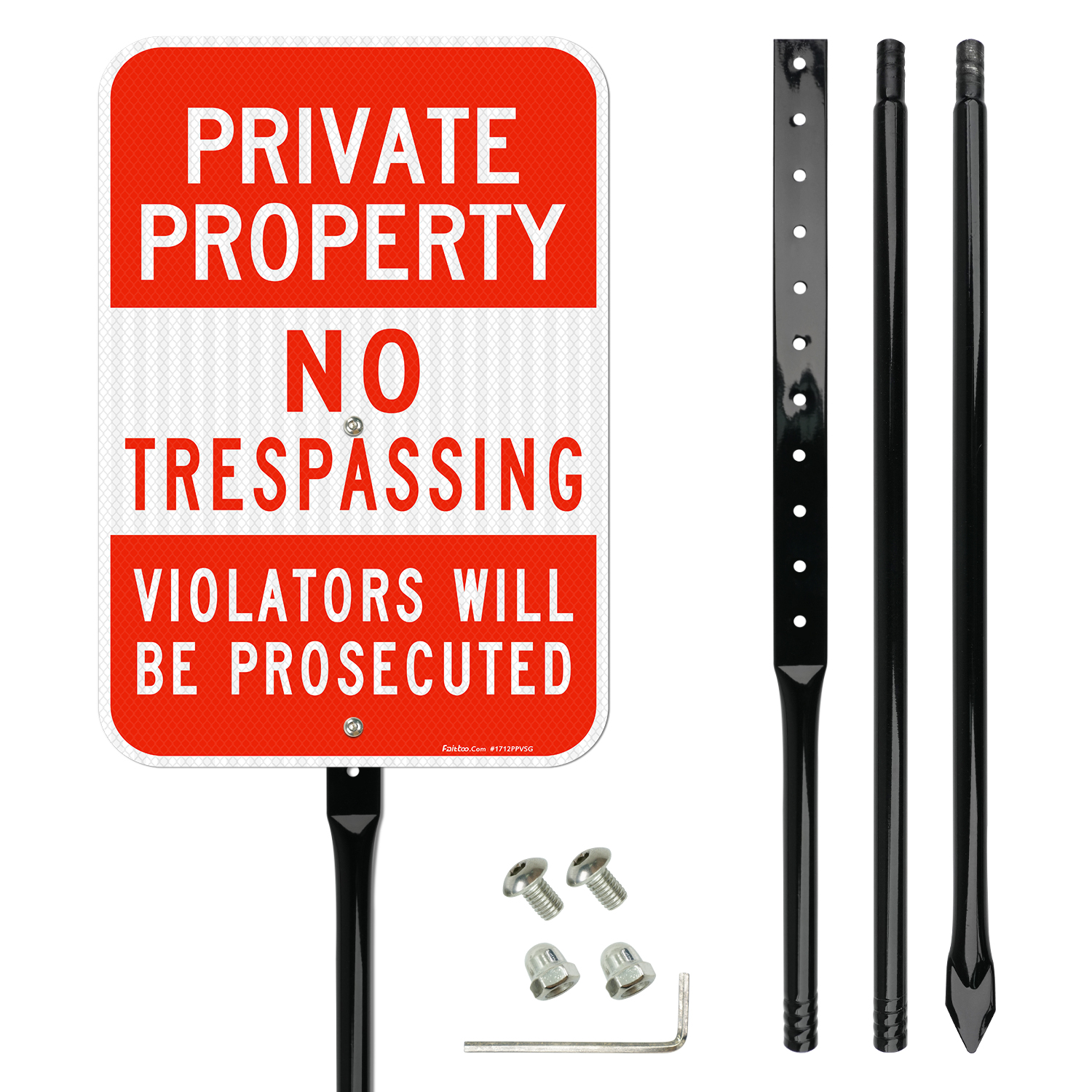 Faittoo Private Property No Trespassing Sign with 54" Metal Thick Stake, Violators Will Be Prosecuted, 17 x 12 Inches Engineer Grade Reflective Sheeting Rust Free Aluminum, Easy to Mount