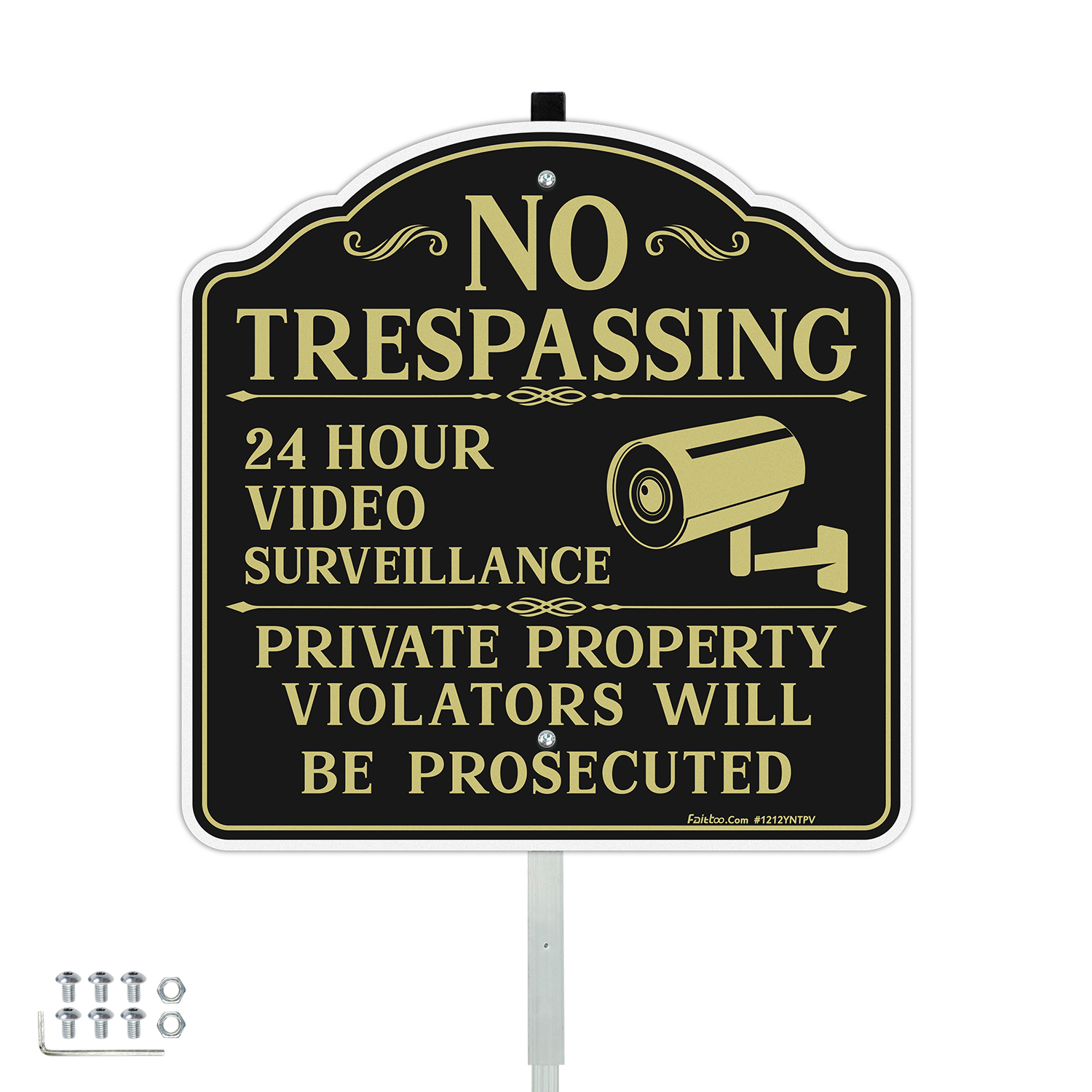 Faittoo No Trespassing Signs Private Property Video Surveillance Sign with 42" Stake, 12"x12" Rust Free Aluminum, Reflective, 2 pre-drilled holes, Includes Matching Screws & Wren
