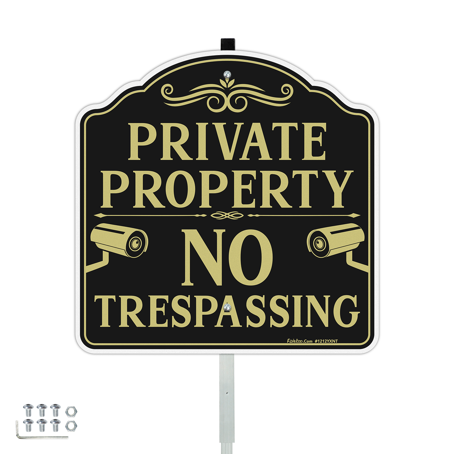Faittoo No Trespassing Sign Private Property with 42" Stake, 12"x12" Rust Free Heavy Aluminum, Reflective, Fade Resistant, 2 pre-drilled holes, Includes Matching Screws & Wrench