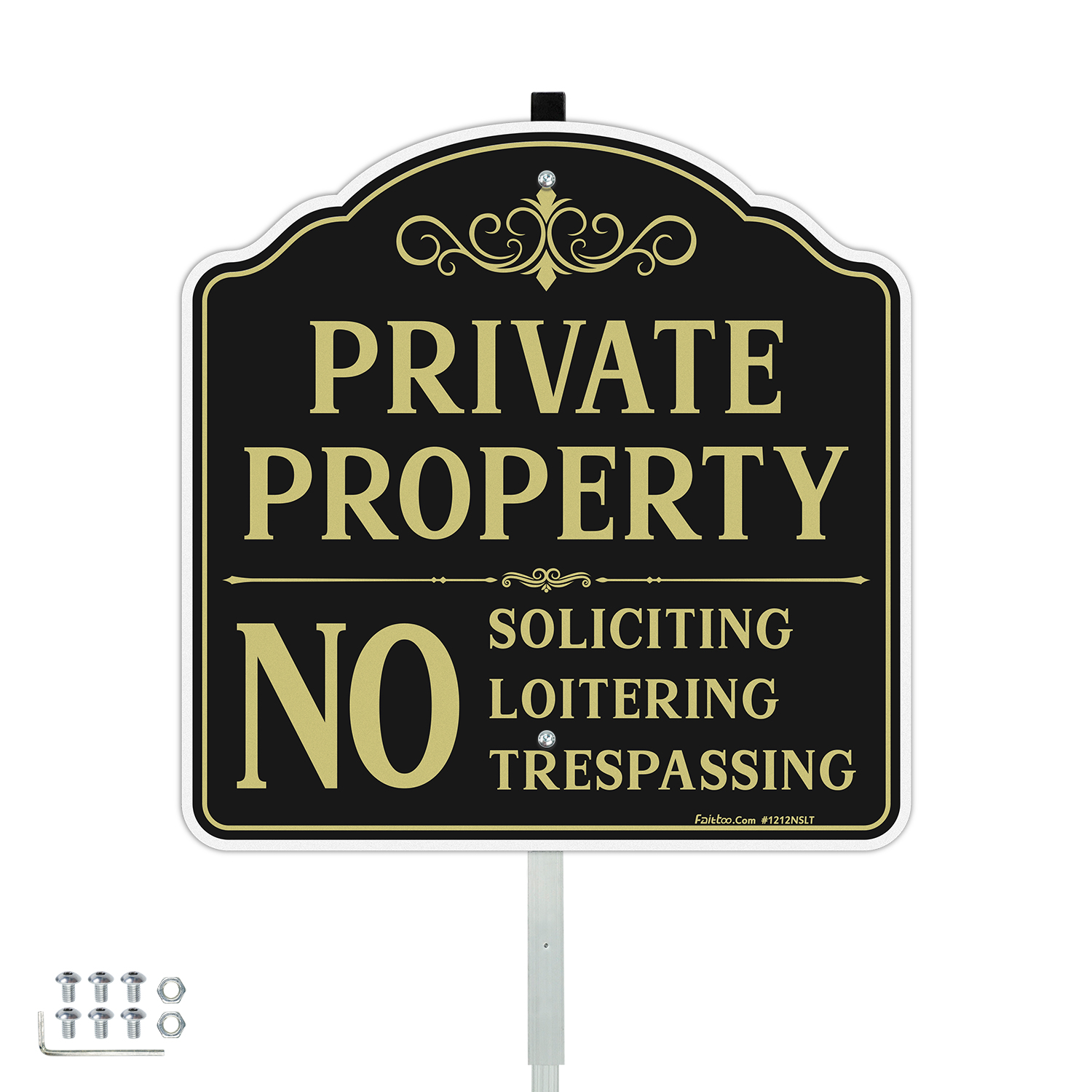 Faittoo Private Property No Soliciting Sign for House with 42" Stake, 12"x12" Rust Free Heavy Aluminum, Reflective, Fade Resistant, 2 pre-drilled holes, Includes Matching Screws & Wrench