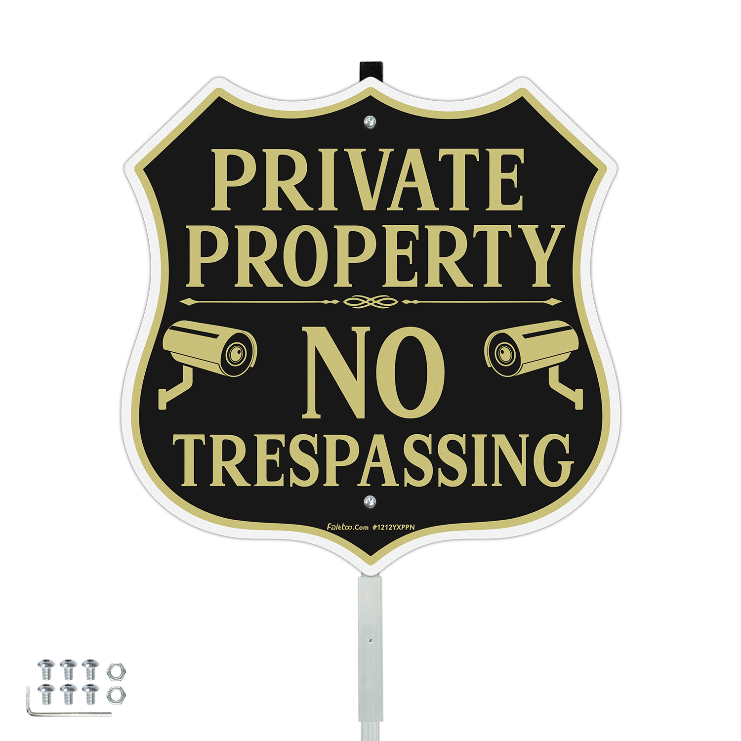 Faittoo No Trespassing Sign Private Property with 42" Stake, 12"x12" Rust Free Heavy Aluminum, Reflective, Fade Resistant, 2 pre-drilled holes, Includes Matching Screws & Wren
