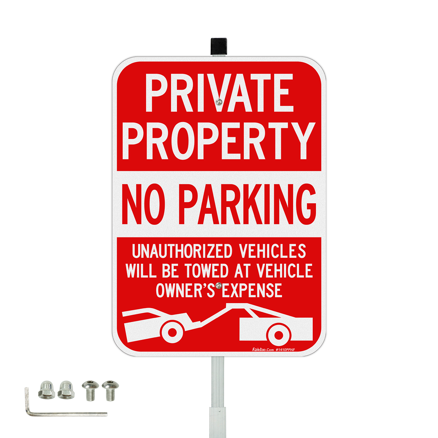 Faittoo Large Private Property No Parking Sign with 36" Stake, 14"x10" Vehicle Towed At Owner's Expense Aluminum Sign, Reflective, 2 pre-drilled holes, Includes Matching Screws & Wrench