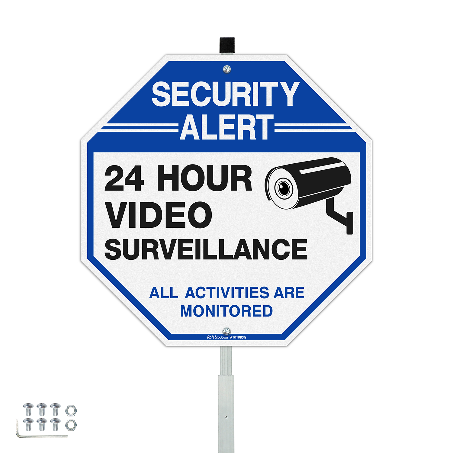 Faittoo Security Sign Video Surveillance Sign with 42" Stake, 10"x10" Rust Free Heavy Aluminum, Reflective, Fade Resistant, 2 pre-drilled holes, Includes Matching Screws & Wrench