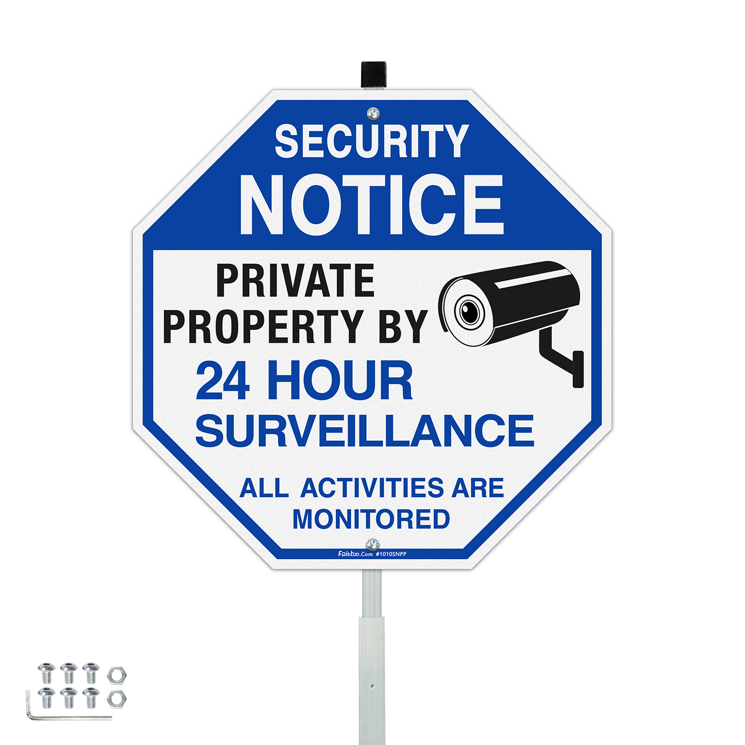 Faittoo Security Signs Private Property Video Surveillance Sign with 42" Stake, 10"x10" Rust Free Aluminum, Reflective, Fade Resistant, 2 pre-drilled holes, Includes Matching Screws & Wrench