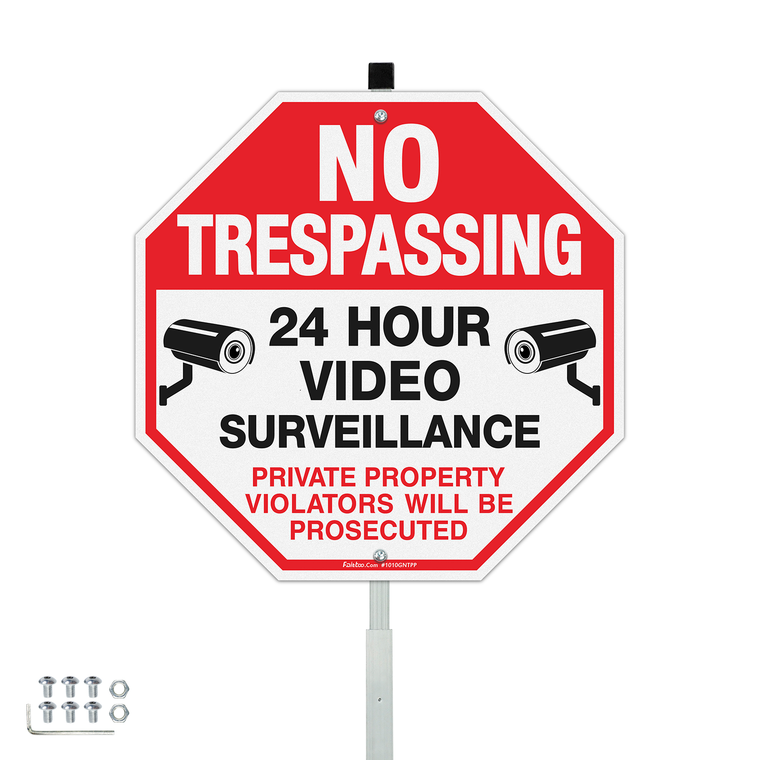 Faittoo No Trespassing Signs Private Property with 42" Stake for Outside, 10"x10" Video Surveillance Sign, Rust Free Aluminum, Reflective, 2 pre-drilled holes, Includes Matching Screws & Wren