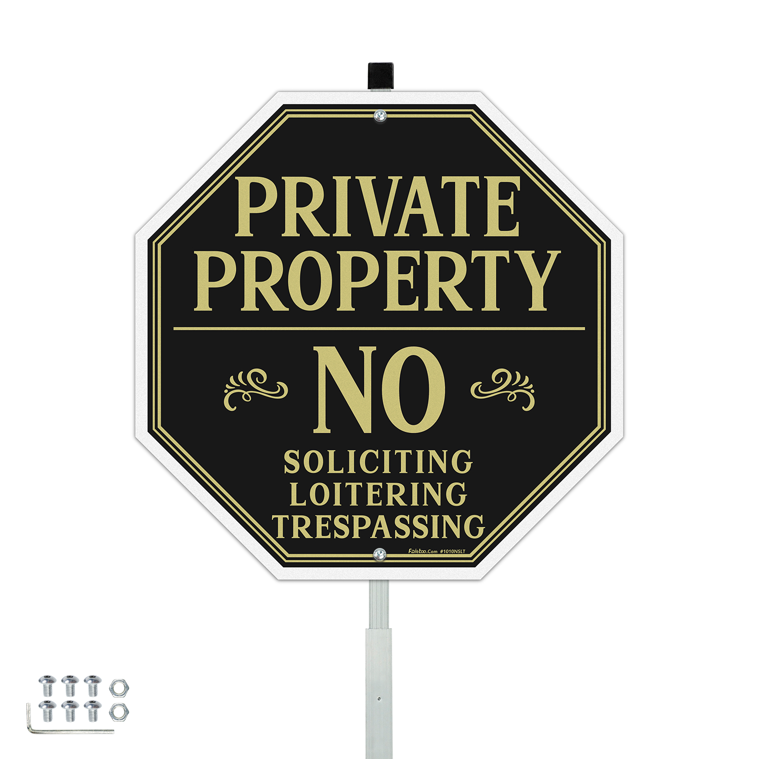 Faittoo Private Property No Soliciting Sign for House with 42" Stake, 10"x10" Rust Free Heavy Aluminum, Reflective, Fade Resistant, 2 pre-drilled holes, Includes Matching Screws & Wrench